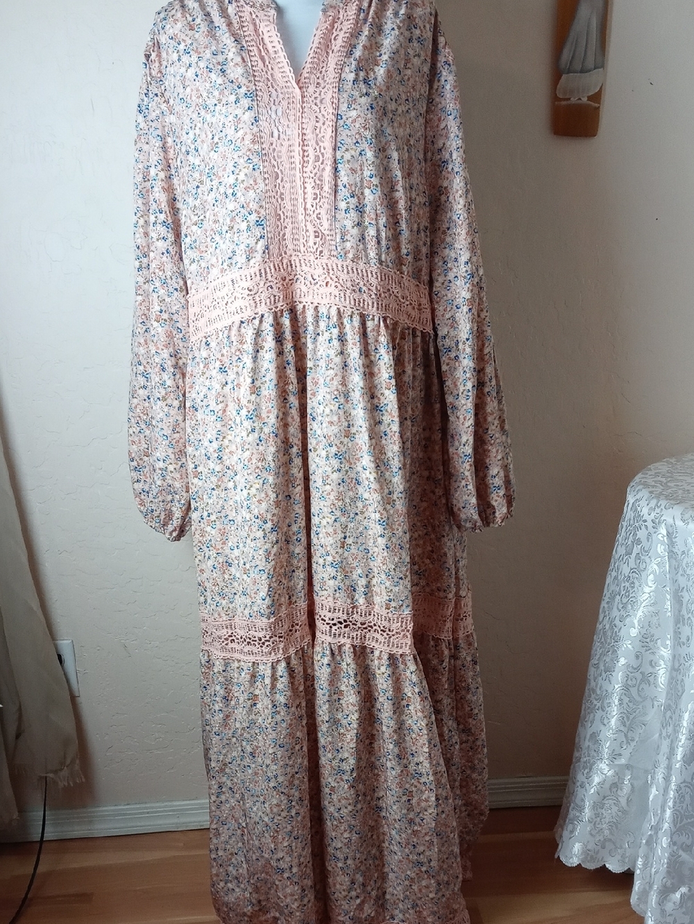 Boho Floral Crochet-Trim Maxi Dress in Blush Pink